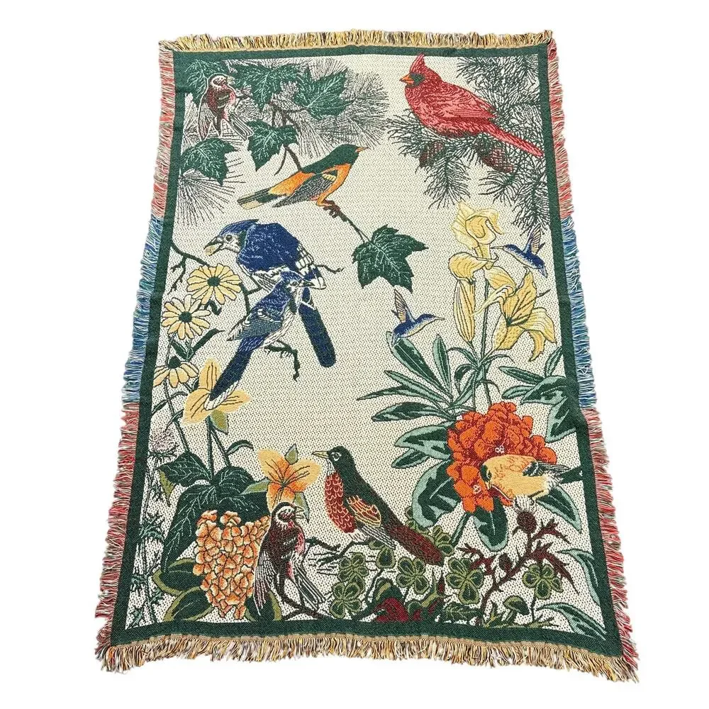 Vintage Nature Bird & Flower Woven Tapestry Throw Blanket Fringed 46